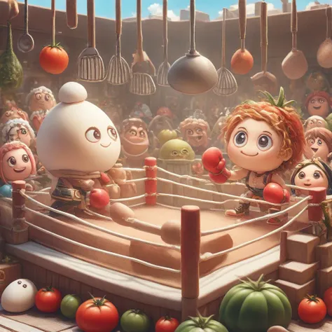 (panoramic:1.5)，(imagine:1.5)，whimsical kitchen boxing ring, egg and tomato boxing match, cartoon, illustration, lovely, kitchen...