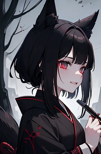 A girl with black fox-ears, face scars and morbid bloodless-face. She is wearing black Japanese-kimono and holding 匕首 the knife. She is eerily laughing, insanity. Blood-moon, Scarlet celestials, Groves at night, Dark atmosphere, Gloomy, Profile