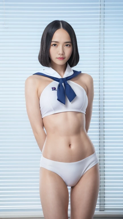 8K images, highest quality, masterpiece, Realistic, Realistic, High resolution, Ray Tracing, 1 sexy woman, White tight sailor school swimsuit, Shapely large breasts, Detailed skin texture, Shortcuts, Straight hair, (View your viewers)、Erotic face、Protrudin...