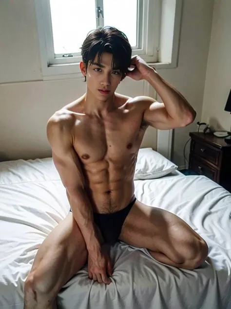 1 boy,16 years old,(touch hair:1.5),bed head,(sleepy),topless, micro thong ,window,morning sun,sit on bed,masterpiece,best quality,ultra-detailed,High quality, high resolution,perfect anatomy,detailed,beautiful detailed eyes,full arms,full hand,5 fingers ,...