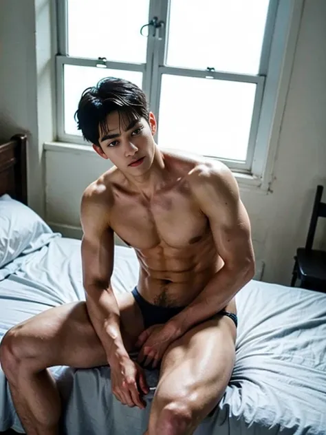 1 boy,16 years old,(touch hair:1.5),bed head,(sleepy),topless, micro thong ,window,morning sun,sit on bed,masterpiece,best quality,ultra-detailed,High quality, high resolution,perfect anatomy,detailed,beautiful detailed eyes,full arms,full hand,5 fingers ,...