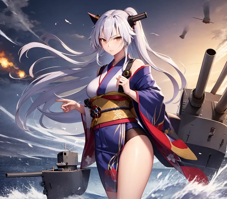 battleship Musashi as an anime girl, wearing kimono, with battleships nearby