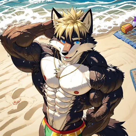 (masterpiece, Best quality:1.2), fox boy, on beach playing volleyball, in speedos, body covered in black fur, Furry style,very muscular wild ,full height,veiny muscles, very long blond hair,freckles on the body and face,blue eyes,defined muscles,wet body f...