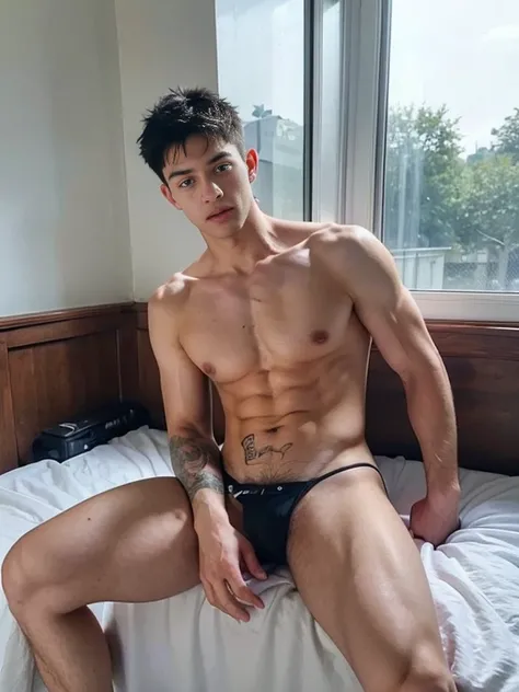 1 boy,16 years old,(touch hair:1.5),bed head,(sleepy),topless, micro thong ,window,morning sun,sit on bed,masterpiece,best quality,ultra-detailed,High quality, high resolution,perfect anatomy,detailed,beautiful detailed eyes,full arms,full hand,5 fingers ,...