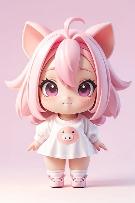 pink hair,white background,Mullet hairstyle,simple background,solo,1 girl,face forward,pig Mascot costume