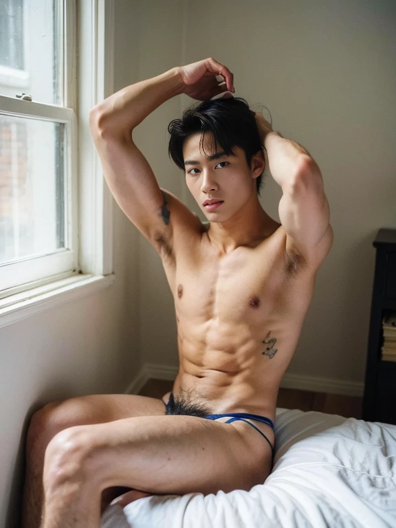 1 boy,16 years old,(touch hair:1.5),bed head,(sleepy),topless, micro thong ,window,morning sun,sit on bed,masterpiece,best quality,ultra-detailed,High quality, high resolution,perfect anatomy,detailed,beautiful detailed eyes,full arms,full hand,5 fingers ,...