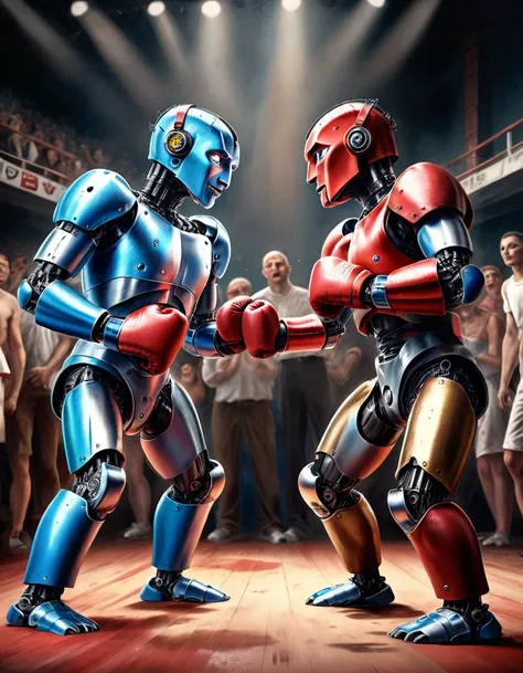 (high-res,8k,ultra-detailed),(realistic,hyper-realistic:1.37),(2 robots boxing,face-to-face:1.1),(crowd cheering:1.1),(vivid col...