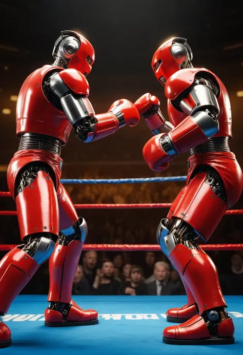 (high-res,8k,ultra-detailed),(realistic,hyper-realistic:1.37),(2 robots boxing,face-to-face:1.1),(crowd cheering:1.1),(vivid col...