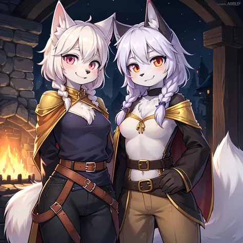 Young Female white fox-cat ((lean-body)) (((small breasts)))(((sfw))) (short snout),black stripe between neck and shoulder towards chest ((black fur stripe on waist))(ears are darker), orange and violet eyes, cat tail (black at end), white hair (single-bra...