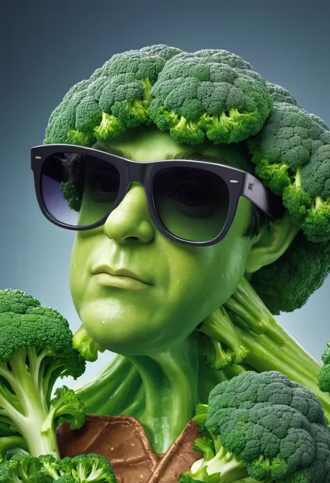 CG, UHD, masterpiece, anatomically correct, super detail, high details, highres, best quality, HD, Digital Art,Broccoli wearing sunglasses