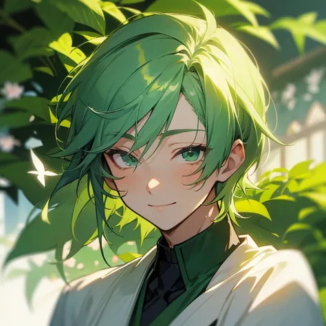 Beautiful garden, anime boy, green hair, soft and kind facial expression, smiling softly, the boy is gardenig