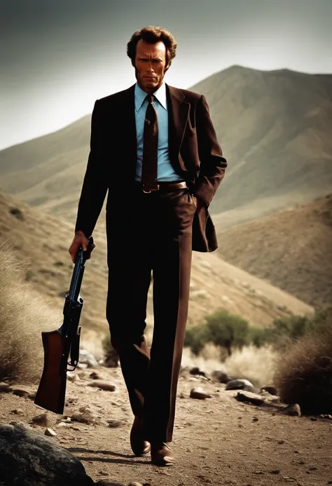 (highest quality、masterpiece, 4K images), Clint Eastwood, 1971, Dirty Harry,  S&W holding an M29 Magnum 44, Old movie poster style,  (High color saturation:1.0), (Very detailedな肌), (highest quality:1.0), (Ultra-high resolution:1.0) ,(Realistic:1.0), (Very ...