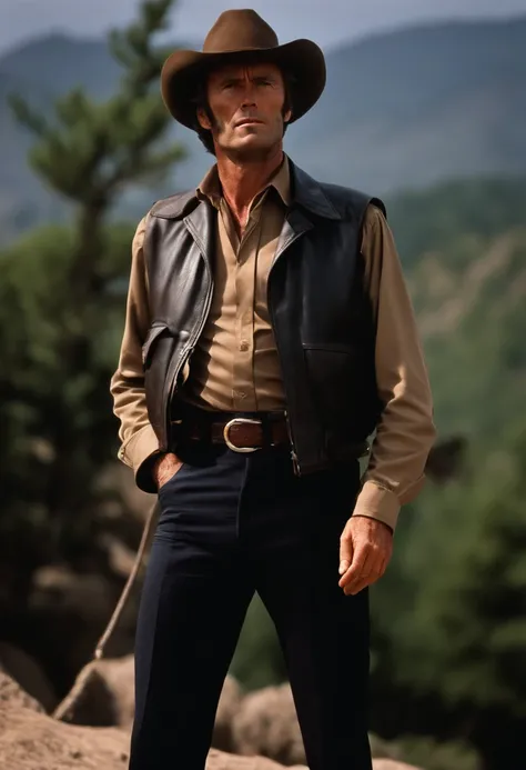 (highest quality、masterpiece, 4K images), Clint Eastwood, 1971, Dirty Harry,  S&W holding an M29 Magnum 44, Old movie poster style,  (High color saturation:1.0), (Very detailedな肌), (highest quality:1.0), (Ultra-high resolution:1.0) ,(Realistic:1.0), (Very ...