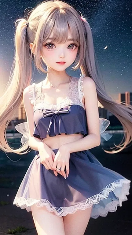 (highest quality, masterpiece), One girl, Twin tails、Pause, particle, Wind, flower, Upper Body, Simple Background, View your viewers, , Milky Way,smile、Turquoise eyes、（Silver Long Hair）、cute、Twin taililky way、Crescent Moon、、((flower柄、pink、Semi-transparent ...