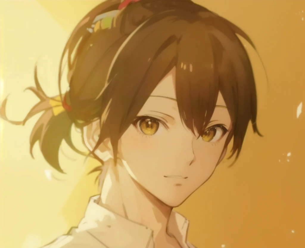 Anime image of a man with a ponytail and a yellow background, Also, Young Anime Guy, ( ( ( yoshinari yoh ) ) ), inspired by Tsuruko Yamazaki, honest, [[[[gAlsoning evily]]]], shinkai honest, shuushuu anime image, honest shinkai art style