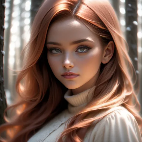 close up of a european woman, ginger hair, winter forest, natural skin texture, 24mm, 4k textures, soft cinematic light, RAW photo, photorealism, photorealistic, intricate, elegant, highly detailed, sharp focus, ((((cinematic look)))), soothing tones, insa...