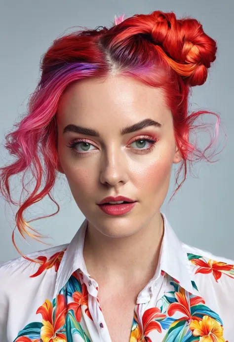 Hyperrealistisches Foto einer stolzen, beautiful woman with tied hair and colorful hair, white unbuttoned shirt, Lilly von Cremont, in San Francisco, with red water wings, upper body