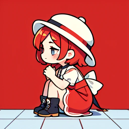 My character is sitting holding her knees in profile on the floor observing she has short red hair wearing a dress and observing and make the color palette harmonious she has a peasant hat 