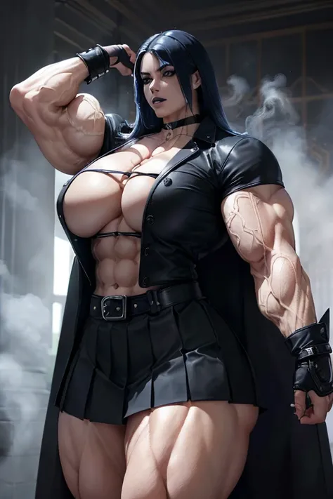 ((((Massive tall, beautiful, buff, pale white skinned muscular woman with royal blue hair, black lipstick, ginormous bulky muscles, flexing muscles and wearing an half button down black blouse with pleated skirt and leather coat)))), close view, massive mu...