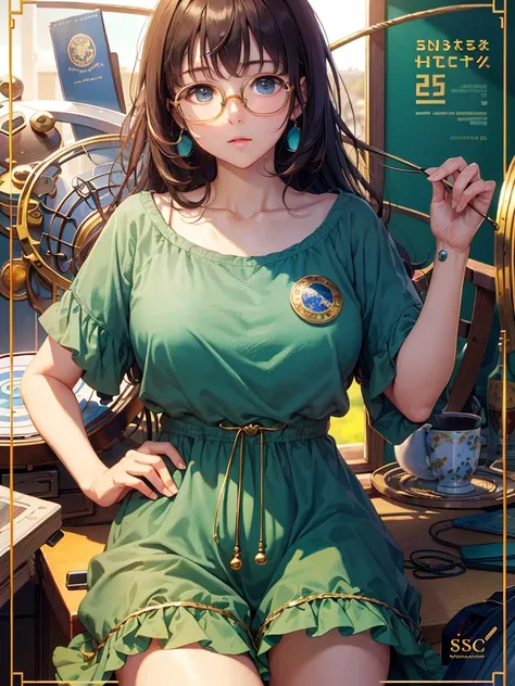 (Masterpiece, highest quality, super large resolution); (CG illustration); (a cute and cute girl); (sleepiness) (exhaustion); ((round-framed gold wire glasses)), (fashionable) (trendy); Rich colors, cyan, orange, yellow, green, cyan, blue, purple, fashion ...