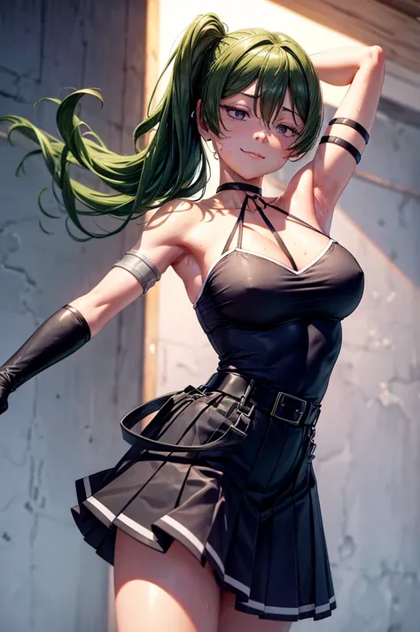 Bruises,core_9, score_8_Excellent, score_7_Excellent, score_6_Excellent, score_5_Excellent, score_4_Excellent, sauce_anime, screenshot, Uber, 1 girl, Green Hair, bangs, Hair between the eyes, Side Ponytail, Purple eyes , Black Choker, clavicle, Sleeveless ...