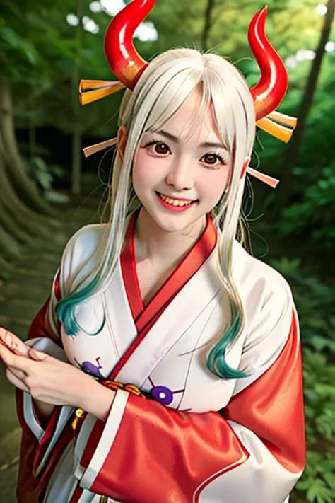 Blonde woman in Red kimono with horns and white shirt, anime girl cosplay, Japanese goddess, ayaka cosplay, perfect white haired girl, Charming anime girl, Anime girls in real life, anime cosplay, in kimono,  white hair, Beautiful, charming anime women, co...