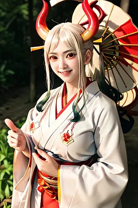 blonde woman in red kimono with horns and white shirt, anime girl cosplay, japanese goddess, ayaka cosplay, perfect white haired...