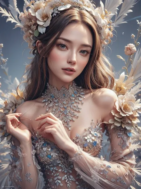 ((((8k))),(highest quality color photo of a mysterious beautiful woman in floral clothing on a fashion magazine cover, Haute couture fashion shoot:1.2),(Very delicate and beautiful work:1.2), Elegant pose, Glamorous fashion pose, Art Nouveau, focus on Art ...