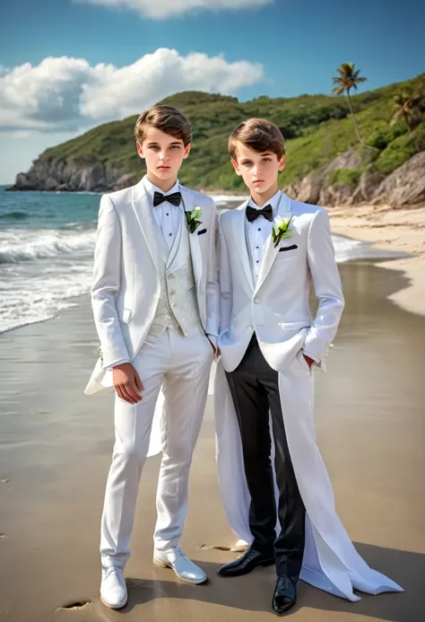 beautiful and realistic 14 year old boys in tuxedos on the beach, caras ultra detalladas, descalsos , fotorrealista mejor calida...