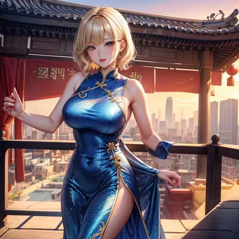 Korean Idol　Mature Woman　Wavy blonde with bangs　short hair　Fuller lips　Shiny metallic blue cheongsam long dress 　((dressing))　Looking at the camera　Duck mouth　Sweaty, shiny skin　Bright red lipstick　A rooftop with a beautiful view of Beijing&#39;s nightscap...