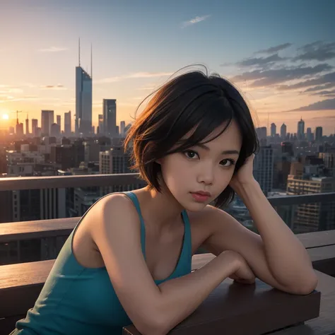 1girl, building, city, cityscape, head rest, lips, outdoors, photo (medium), realistic, short hair, sky, skyscraper, sleeveless, solo, sunset, upper body