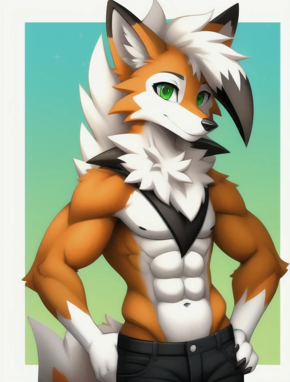 male, lycanroc, a cute fox boy with green eyes, wearing a black jeans, abs