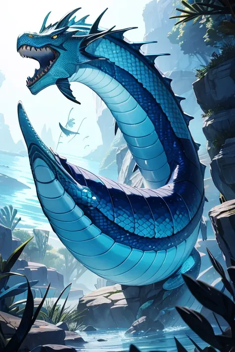 Serpentine creatures，Blue scales，Swimming in the sea，Underwater，The head looks a bit like a dragon，sea snake，Giant mysterious winged snake，Sea Monster，Legendary creatures，