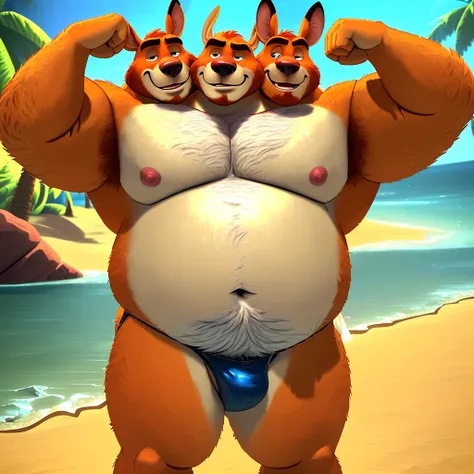 solo, three headed kangaroo, kangaroo tail:1.3, (identical:1.3), (adult male, 50 year old male, (stylized 3d, by disney, by rembrandt), by pixar:1.1, by dramamine, (fat, dadbod, chubby, bald, beard, orange fur, white belly, white chest, old, ugly), beach b...