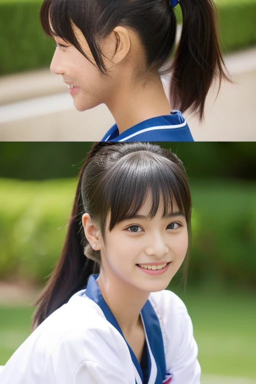 Japanese High School Girl、Have arms crossed、Tabletop, Realistic, detailed, Beautiful black hair、(High Position Ponytail Hair:1.2),Trimmed bangs、glamorous,Super Beauty、A happy smile、Stylish、((8k, RAW Photos)), Japanese High School 、Watching viewers with a s...