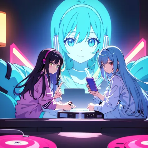 two anime girls in headphones are playing music on a turntable, anime vibes, anime style 4 k, ig studios anime style, nightcore,...