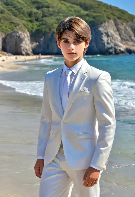 beautiful and realistic 14 year old boys in tuxedos on the beach, caras ultra detalladas, descalsos , fotorrealista mejor calida...