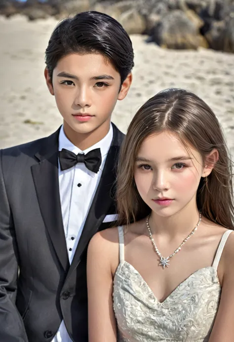 beautiful and realistic 14 year old boys in tuxedos on the beach, caras ultra detalladas, descalsos , fotorrealista mejor calida...