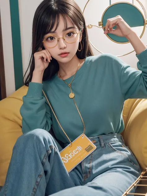 (Masterpiece, highest quality, super large resolution); (CG illustration); (a cute and cute girl); (sleepiness) (exhaustion); ((round-framed gold wire glasses)), (fashionable) (trendy); Rich colors, cyan, orange, yellow, green, cyan, blue, purple, fashion ...