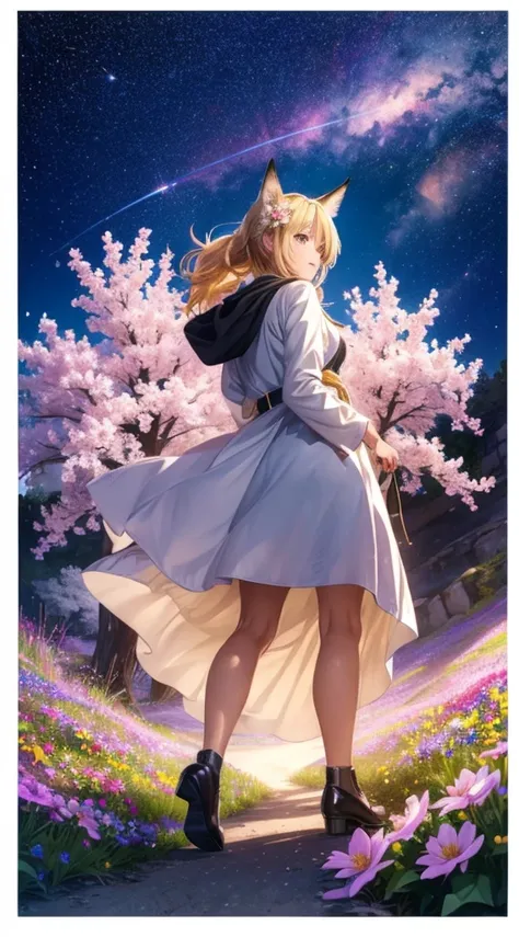 １people々々々々々々々,Woman with medium length blonde hair，Fox Ears，Long coat，Takageta， Dress Silhouette， Rear View，Space Sky, Flower Field，Colorful flowers，Dancing Petals，