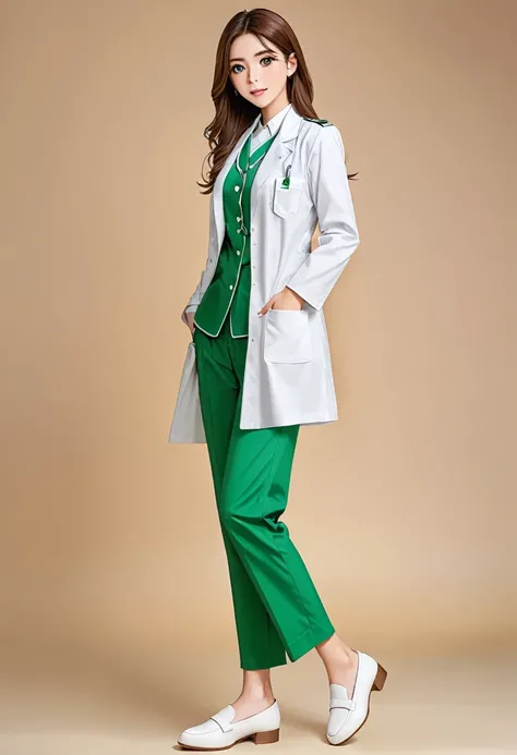 Woman straight brown hair, ojos grandes color cafe, uniforme medico verde y bata blanca cuerpo completo con zapatos blancos