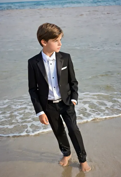 beautiful and realistic 14 year old boys in tuxedos on the beach,  cuerpo entero, imagenes  ultra detalladas, red de voleibol en...