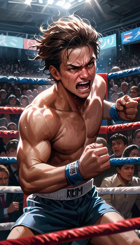 boxing match, realistic digital painting, fast punch in face, contorted face in a grimace of pain after the blow, mouthguard flew out of mouth, cowboy shot, dynamic, boxing ring, crowd, final boxing match of championship, 