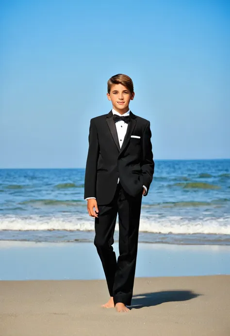 Beautiful and realistic 14 year old boys in tuxedos on the beach, caras ultra detalladas, Red de voleibol en segundo plano., fotorrealista mejor calidad 