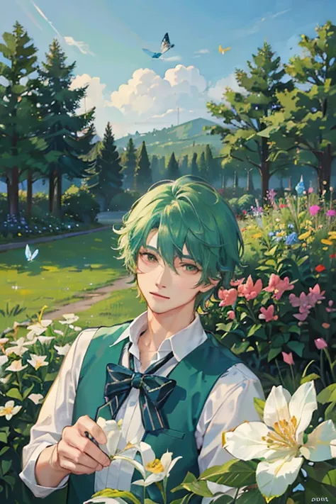 (highest quality, masterpiece, Hyperrealism), A portrait of a handsome, cheerful boy with a soft and calm expression, Background landscape with a garden with flowers and butterflies flying around, Green Hair.anime