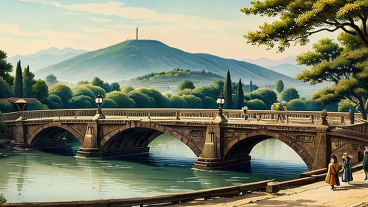 Ink painting ancient bridge」 prompt: People crossing the old bridge々Painting landscapes of。
