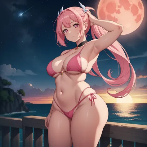 a woman in a pink bikini and a full red moon in the background, trending on cgstation, moon goddess, extra thicc, character is in her natural pose, goddess of the moon, lunar goddess, beautiful alluring anime woman, inspired by Ross Tran, smooth digital co...