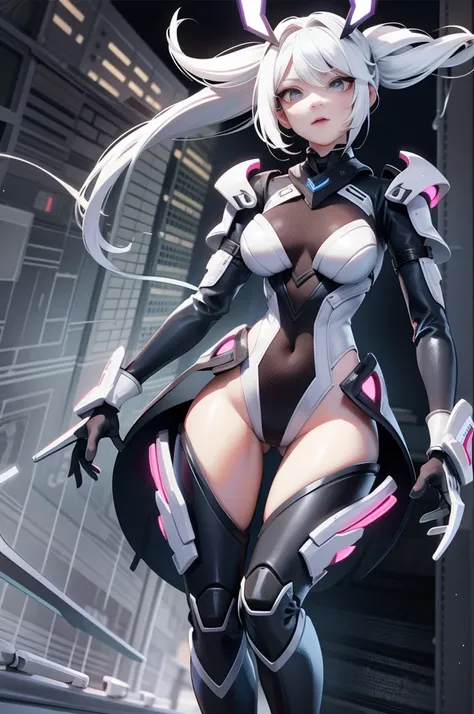 full body picture Unreal Engine 5 8K UHD of beautiful girl, white hair, wearing futuristic black tight battle suit, half face cyberpunk mask, futuristic neck collar, white light details, beauty makeup, best quality, masterpiece