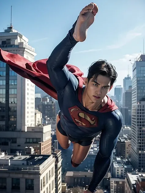 floating superman above buildings, full body shot, detailed foot, detailed head , details face, ultra detail