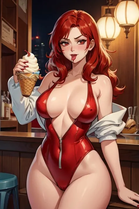 A red haired woman with red eyes with an hourglass figure in a cute one piece swimsuit is licking ice cream with a blush